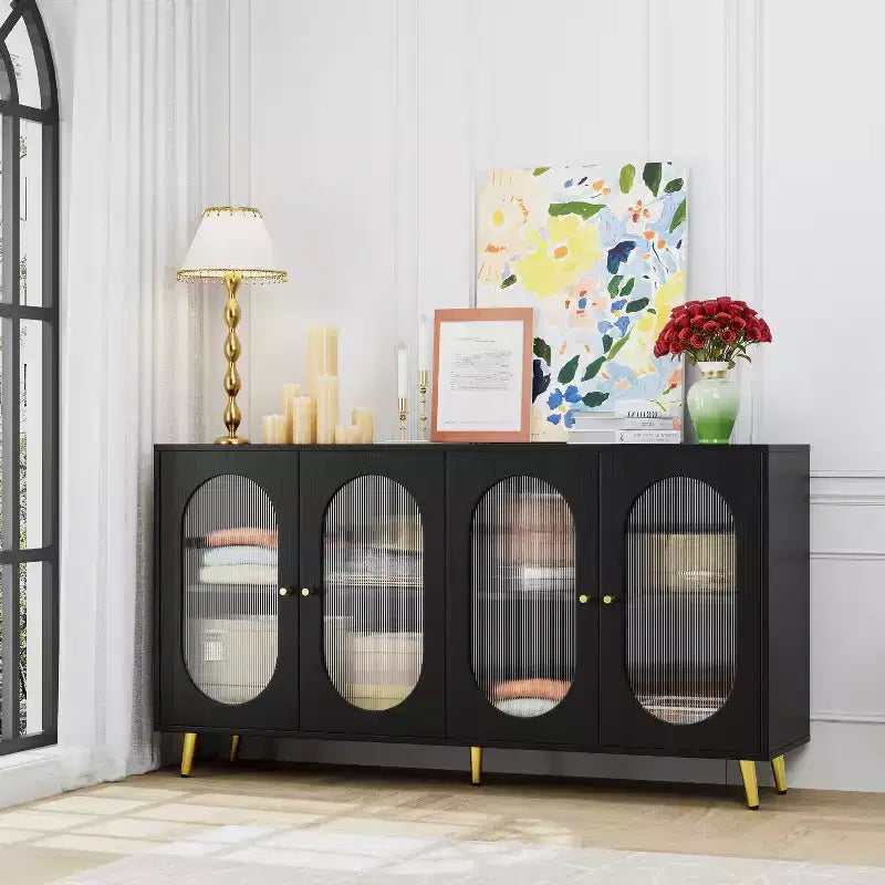 JVNOXK 60-inch Modern Decorative Sideboard, Acrylic Door Panels, Partitioned Storage Design Freestanding Kitchen Storage Cabinet, Black