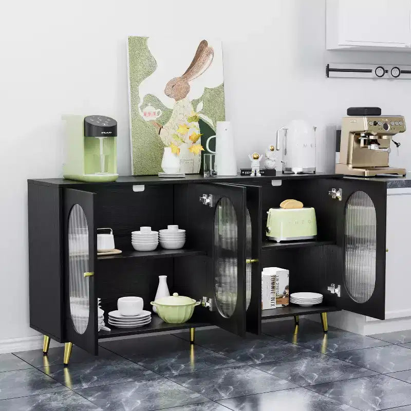 JVNOXK Buffet moderne décoratif 152 cm, Panneaux de porte en acrylique, Conception de rangement partitionné Armoire de cuisine autoportante, Noir