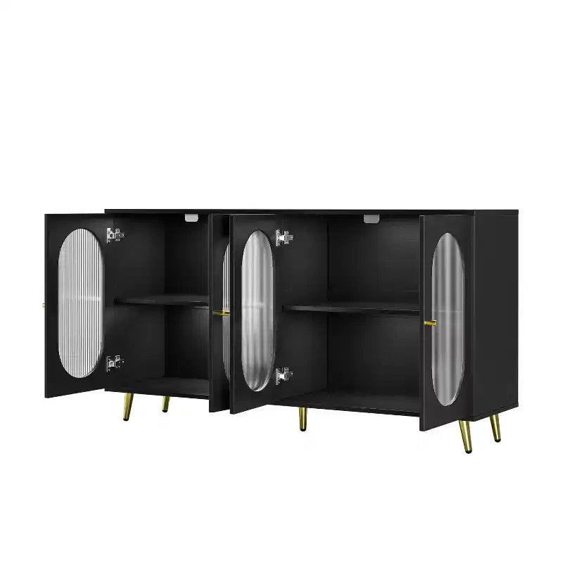 JVNOXK Buffet moderne décoratif 152 cm, Panneaux de porte en acrylique, Conception de rangement partitionné Armoire de cuisine autoportante, Noir