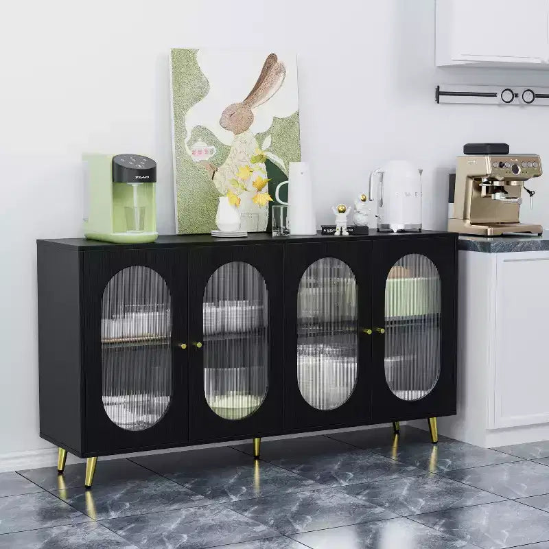 JVNOXK Buffet moderne décoratif 152 cm, Panneaux de porte en acrylique, Conception de rangement partitionné Armoire de cuisine autoportante, Noir