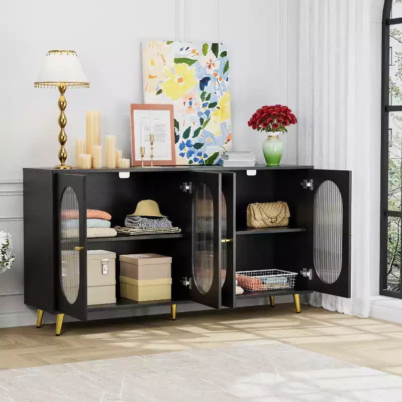 JVNOXK Buffet moderne décoratif 152 cm, Panneaux de porte en acrylique, Conception de rangement partitionné Armoire de cuisine autoportante, Noir