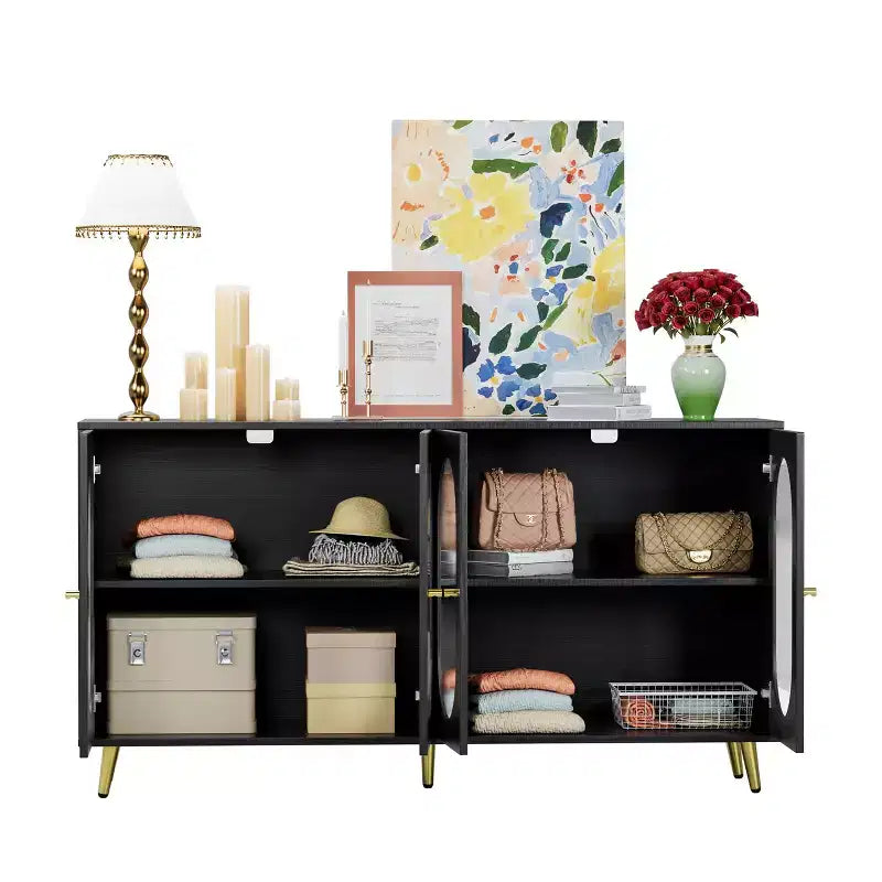 JVNOXK Buffet moderne décoratif 152 cm, Panneaux de porte en acrylique, Conception de rangement partitionné Armoire de cuisine autoportante, Noir