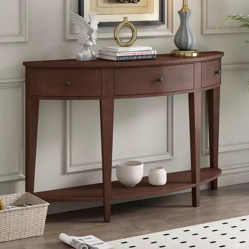 Console vintage avec rangement, Table d'entrée en bois avec tiroir, Console demi-lune avec étagère ouverte