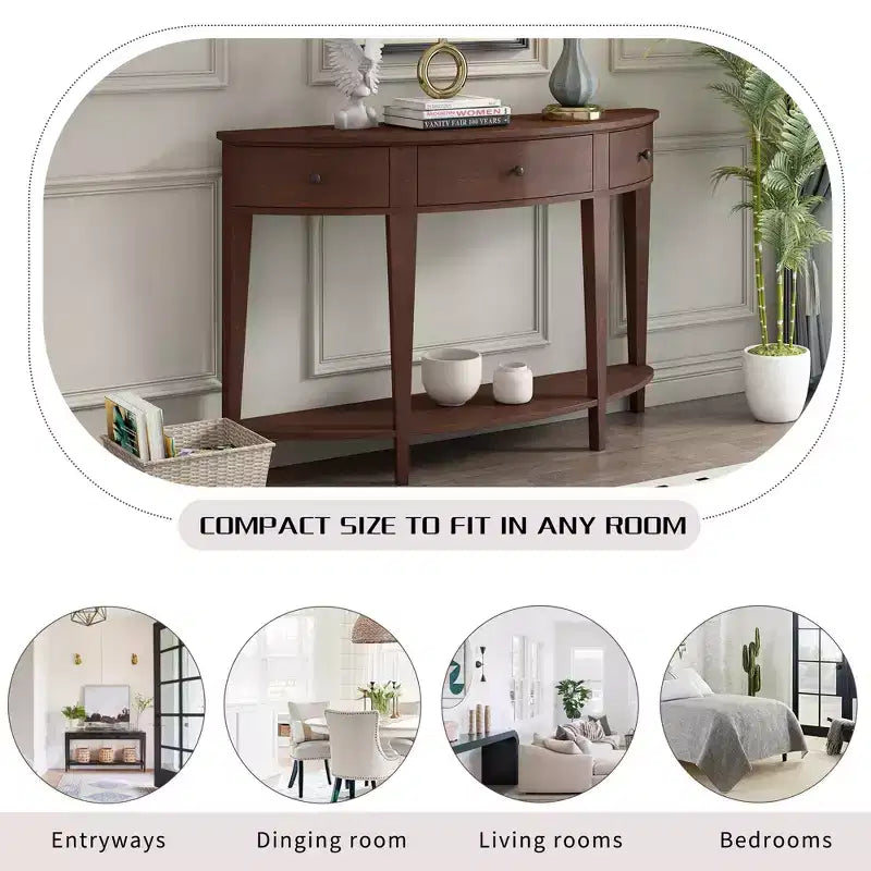 Console vintage avec rangement, Table d'entrée en bois avec tiroir, Console demi-lune avec étagère ouverte