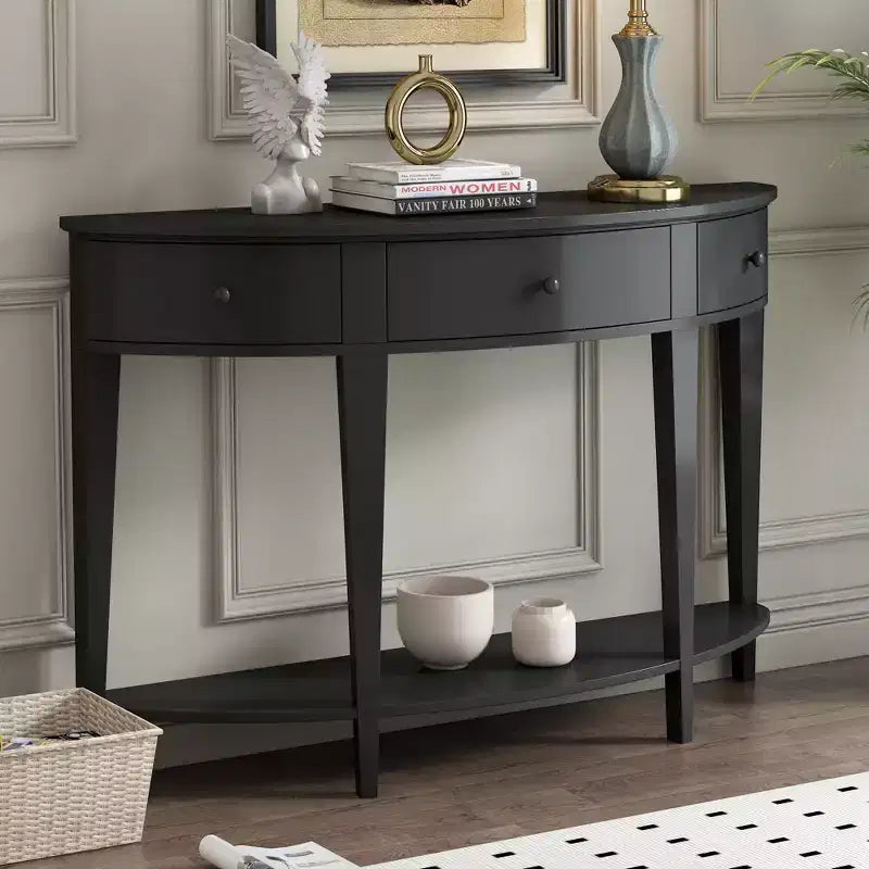Console vintage avec rangement, Table d'entrée en bois avec tiroir, Console demi-lune avec étagère ouverte