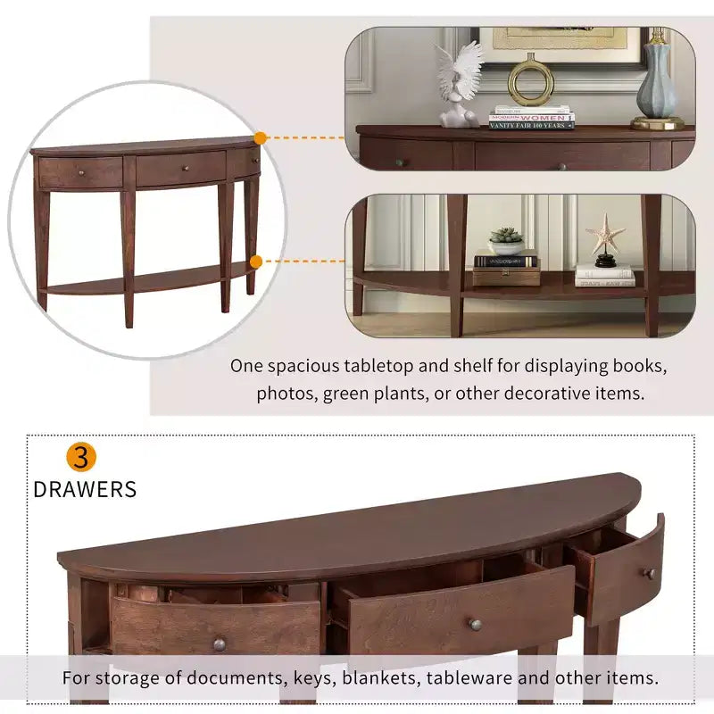 Console vintage avec rangement, Table d'entrée en bois avec tiroir, Console demi-lune avec étagère ouverte