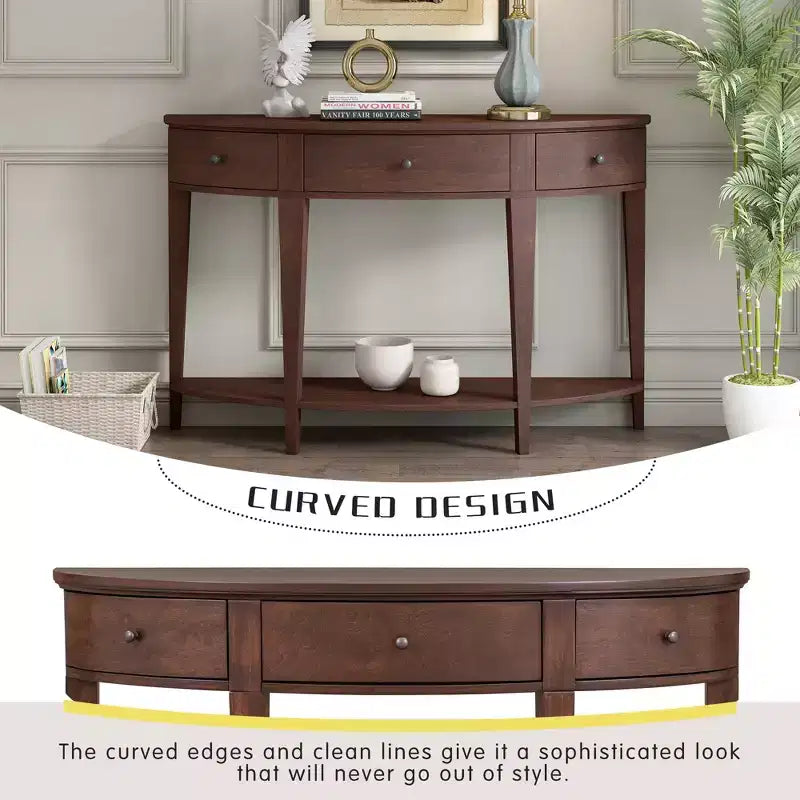 Console vintage avec rangement, Table d'entrée en bois avec tiroir, Console demi-lune avec étagère ouverte
