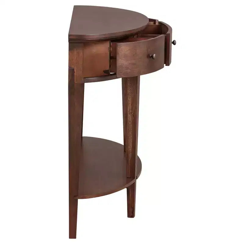 Console vintage avec rangement, Table d'entrée en bois avec tiroir, Console demi-lune avec étagère ouverte