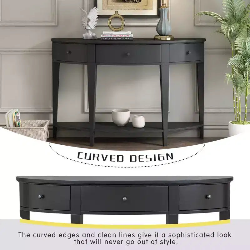 Console vintage avec rangement, Table d'entrée en bois avec tiroir, Console demi-lune avec étagère ouverte