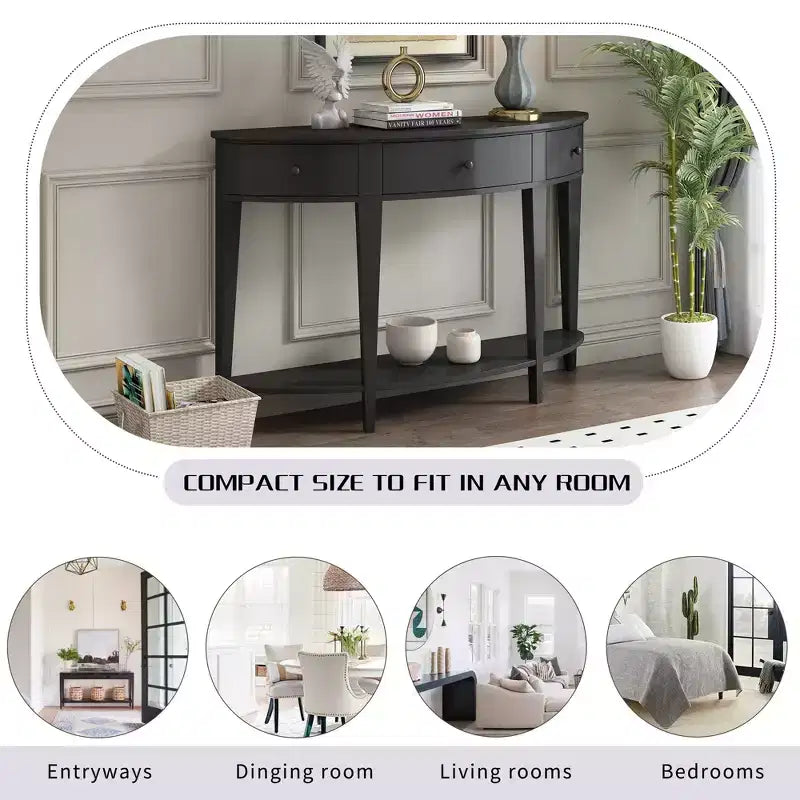 Console vintage avec rangement, Table d'entrée en bois avec tiroir, Console demi-lune avec étagère ouverte