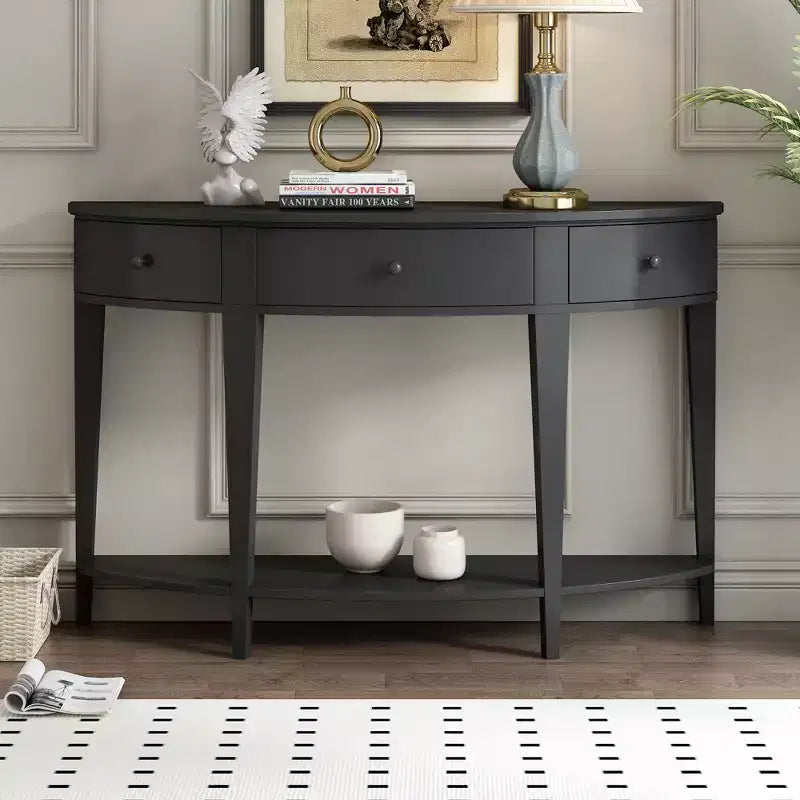 Vintage Console Table with Storage, Wood Entryway Table with Drawer, Half Moon Hallway Table with Open Shelf