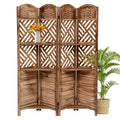 Farmhouse-style room partition with three-tiered shelving and four folding privacy screens, suitable for bedrooms, living rooms - small space storage