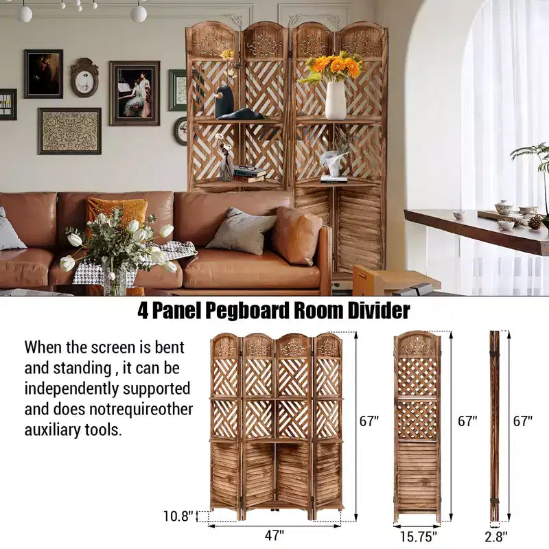 Séparateur de pièce de style ferme avec étagères à trois niveaux et quatre paravents pliants, adapté aux chambres à coucher, salons - rangement pour petits espaces