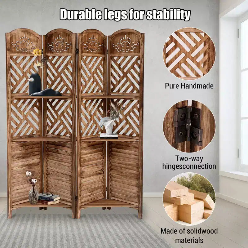 Séparateur de pièce de style ferme avec étagères à trois niveaux et quatre paravents pliants, adapté aux chambres à coucher, salons - rangement pour petits espaces