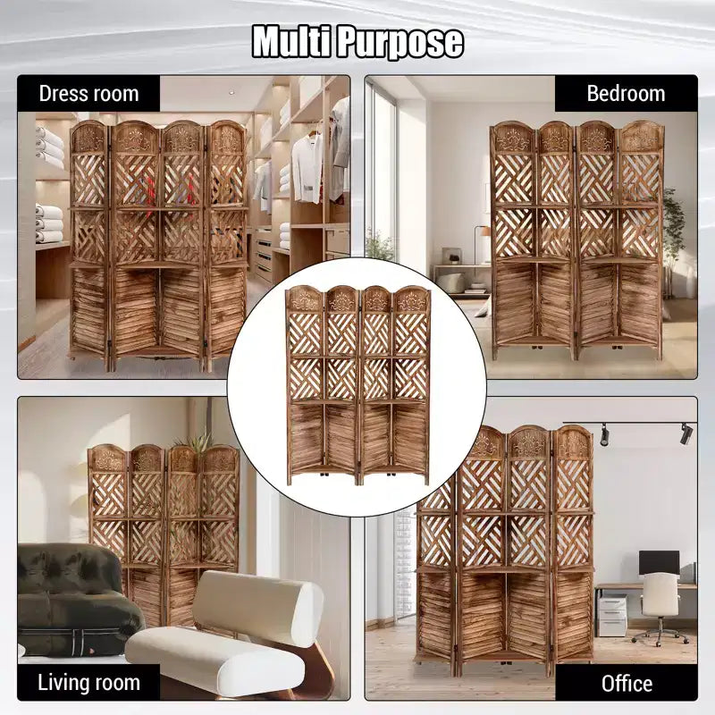 Séparateur de pièce de style ferme avec étagères à trois niveaux et quatre paravents pliants, adapté aux chambres à coucher, salons - rangement pour petits espaces