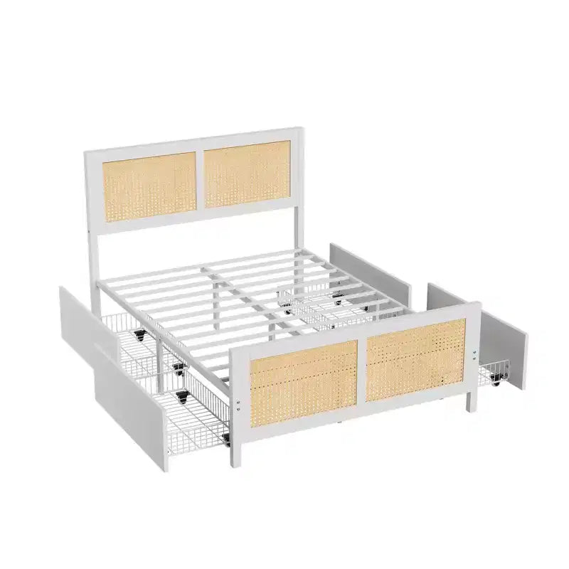 Cadre de lit en rotin avec tête de lit, plateforme de lit de style bohème avec 4 tiroirs, support robuste à lattes métalliques, silencieux, pas besoin de sommier.