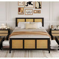Rattan bed frame with headboard, bohemian-style platform bed frame with 4 drawers, sturdy metal slat support, quiet, no spring mattress required.