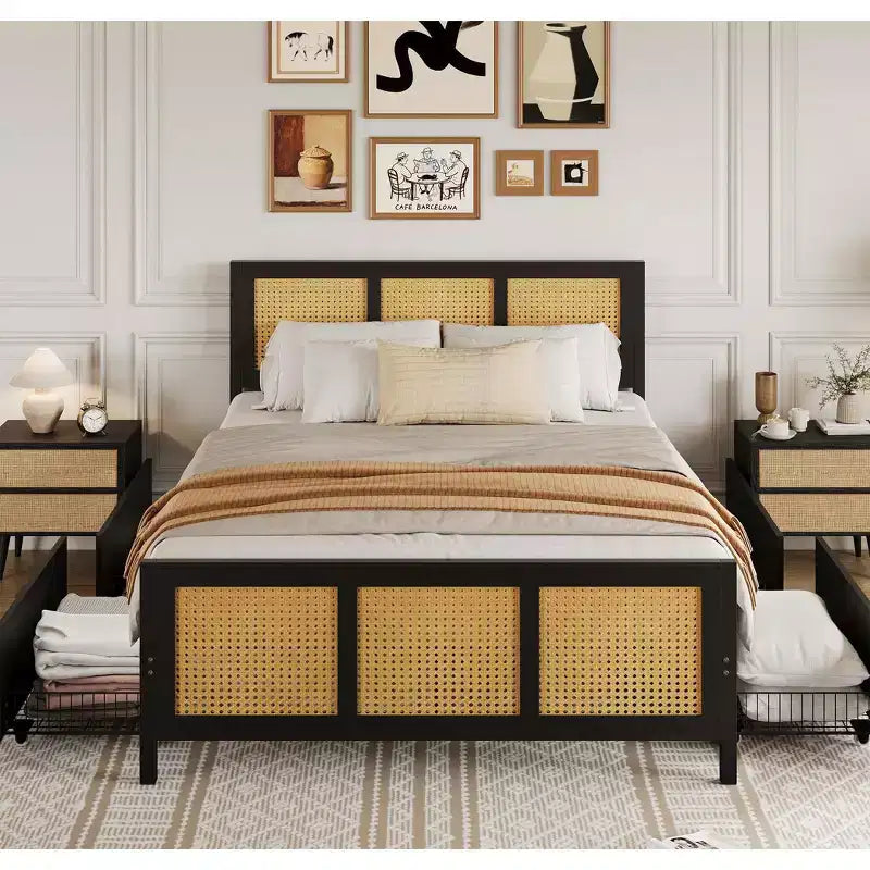 Rattan bed frame with headboard, bohemian-style platform bed frame with 4 drawers, sturdy metal slat support, quiet, no spring mattress required.