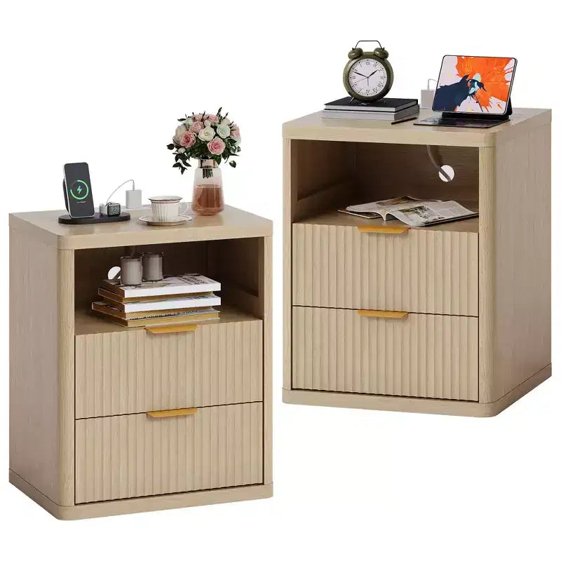 Grooved Nightstand Set of 2, with Charging Station, 2 Drawers and Open Storage, Metal Handles and Curved Edge Design, Mid-Century Modern Style