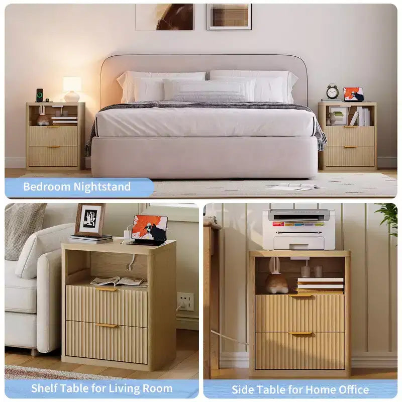 Lot de 2 tables de chevet rainurées avec station de charge, 2 tiroirs et rangement ouvert, poignées en métal et bords incurvés, style moderne du milieu du siècle