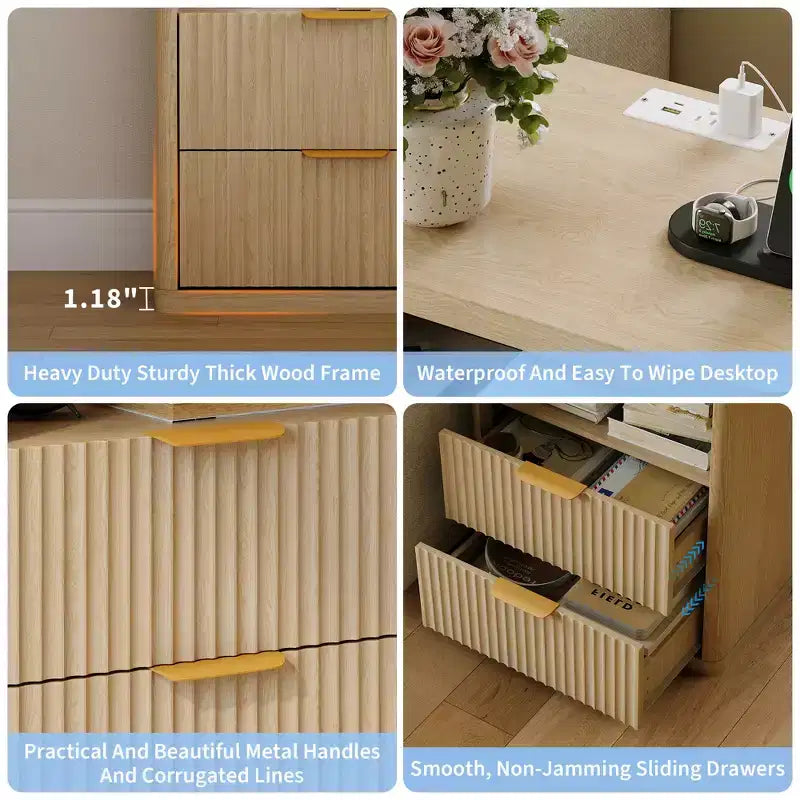 Lot de 2 tables de chevet rainurées avec station de charge, 2 tiroirs et rangement ouvert, poignées en métal et bords incurvés, style moderne du milieu du siècle