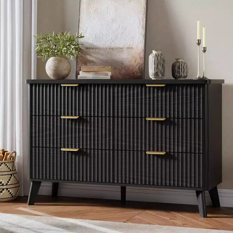 Modern Fluted Dresser with 6 Deep Drawers, 47.2 Wide Wooden Chest, Curved Design, Multi-Functional TV Stand or Bedroom Storage for Living Room Use