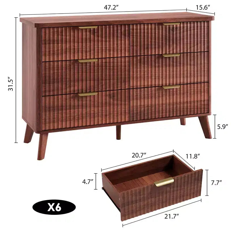 Commode Moderne Cannelée avec 6 Tiroirs Profonds, Commode en Bois de 120 cm de Large, Design Courbe, Meuble TV Multi-Fonctionnel ou Rangement de Chambre à Coucher pour le Salon