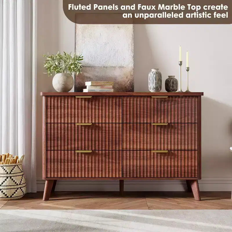 Commode Moderne Cannelée avec 6 Tiroirs Profonds, Commode en Bois de 120 cm de Large, Design Courbe, Meuble TV Multi-Fonctionnel ou Rangement de Chambre à Coucher pour le Salon