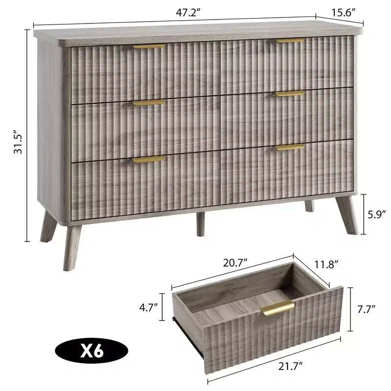 Commode Moderne Cannelée avec 6 Tiroirs Profonds, Commode en Bois de 120 cm de Large, Design Courbe, Meuble TV Multi-Fonctionnel ou Rangement de Chambre à Coucher pour le Salon