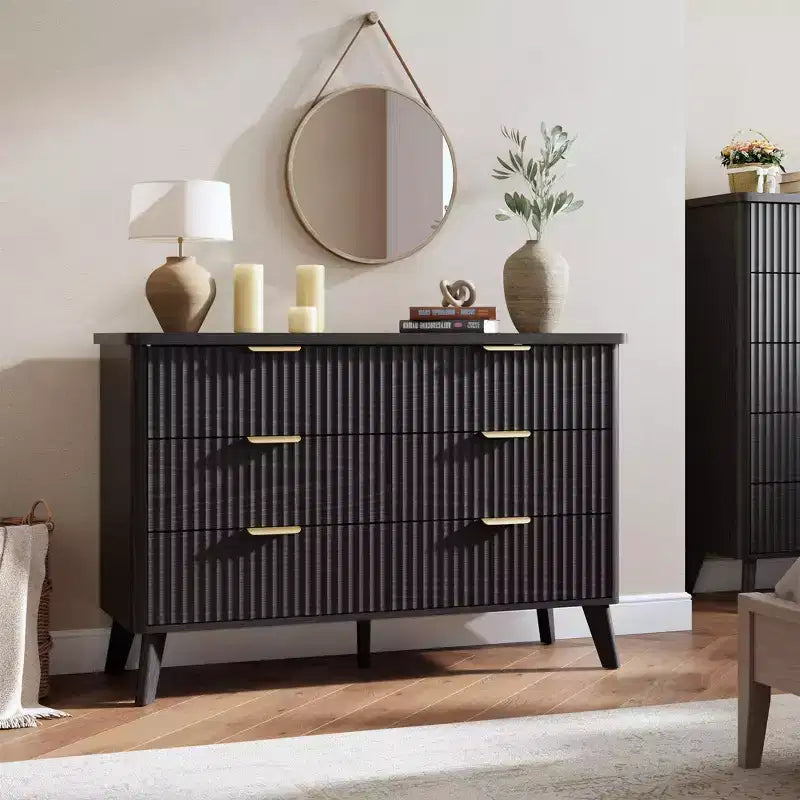 Commode Moderne Cannelée avec 6 Tiroirs Profonds, Commode en Bois de 120 cm de Large, Design Courbe, Meuble TV Multi-Fonctionnel ou Rangement de Chambre à Coucher pour le Salon