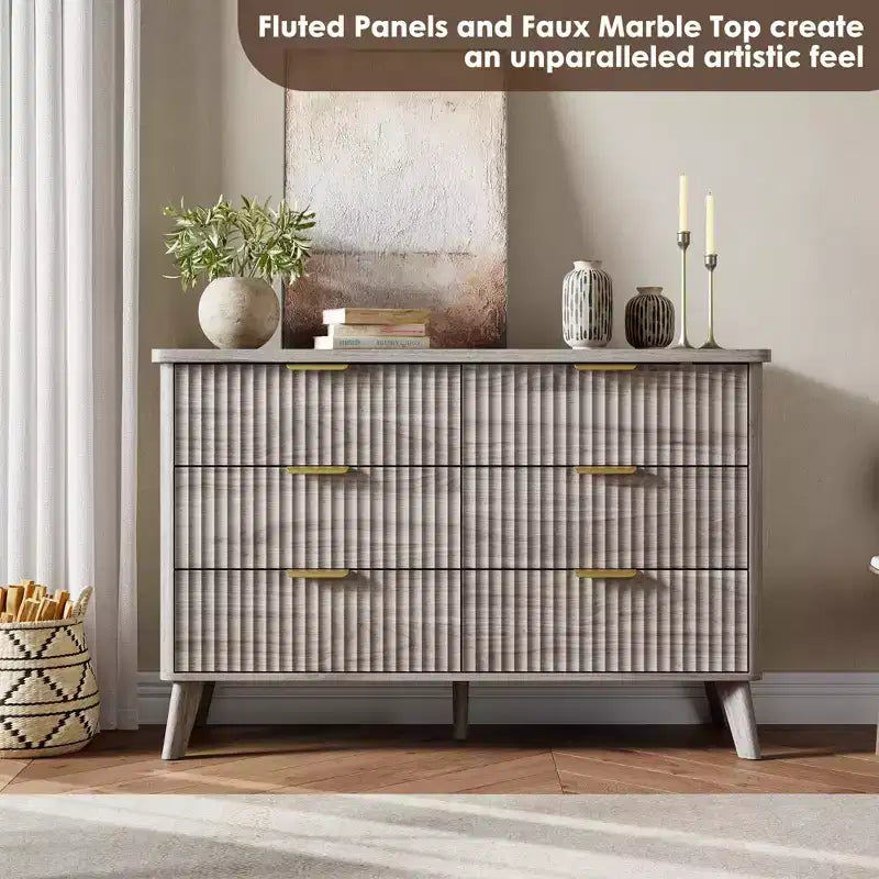 Commode Moderne Cannelée avec 6 Tiroirs Profonds, Commode en Bois de 120 cm de Large, Design Courbe, Meuble TV Multi-Fonctionnel ou Rangement de Chambre à Coucher pour le Salon