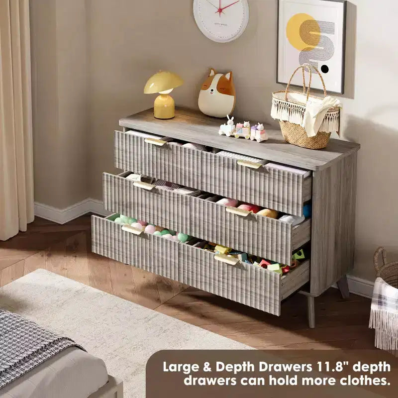 Commode Moderne Cannelée avec 6 Tiroirs Profonds, Commode en Bois de 120 cm de Large, Design Courbe, Meuble TV Multi-Fonctionnel ou Rangement de Chambre à Coucher pour le Salon