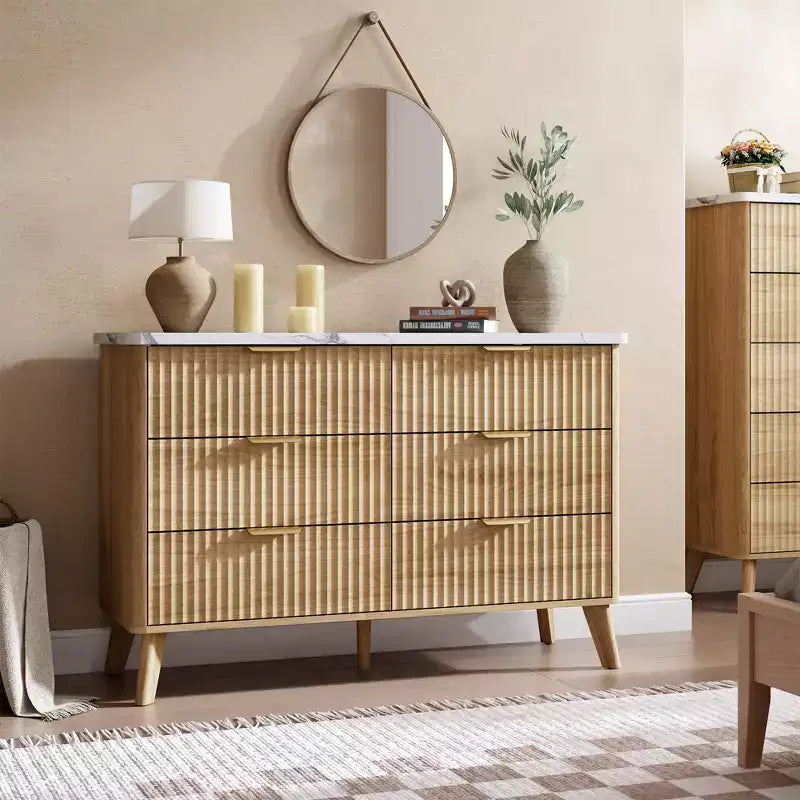 Commode Moderne Cannelée avec 6 Tiroirs Profonds, Commode en Bois de 120 cm de Large, Design Courbe, Meuble TV Multi-Fonctionnel ou Rangement de Chambre à Coucher pour le Salon