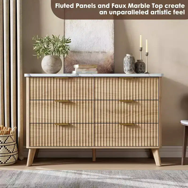 Commode Moderne Cannelée avec 6 Tiroirs Profonds, Commode en Bois de 120 cm de Large, Design Courbe, Meuble TV Multi-Fonctionnel ou Rangement de Chambre à Coucher pour le Salon