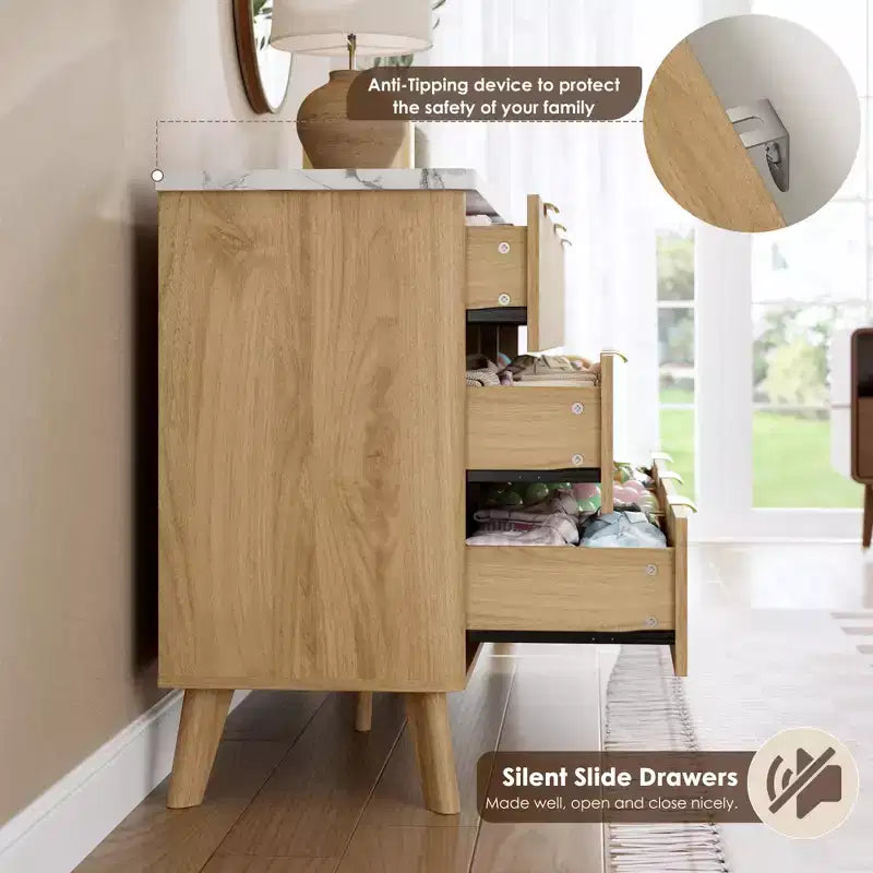 Commode Moderne Cannelée avec 6 Tiroirs Profonds, Commode en Bois de 120 cm de Large, Design Courbe, Meuble TV Multi-Fonctionnel ou Rangement de Chambre à Coucher pour le Salon