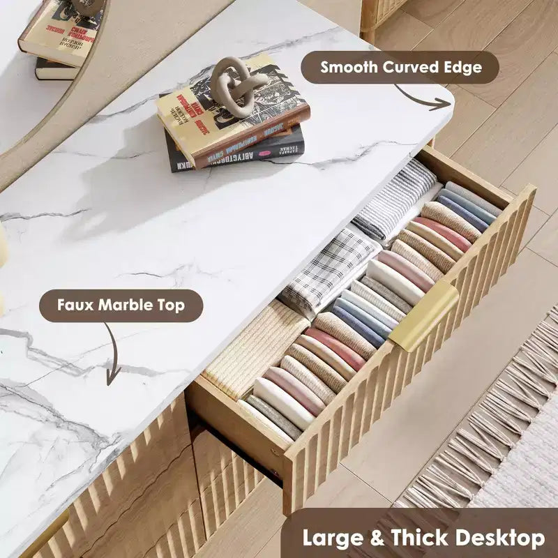 Commode Moderne Cannelée avec 6 Tiroirs Profonds, Commode en Bois de 120 cm de Large, Design Courbe, Meuble TV Multi-Fonctionnel ou Rangement de Chambre à Coucher pour le Salon