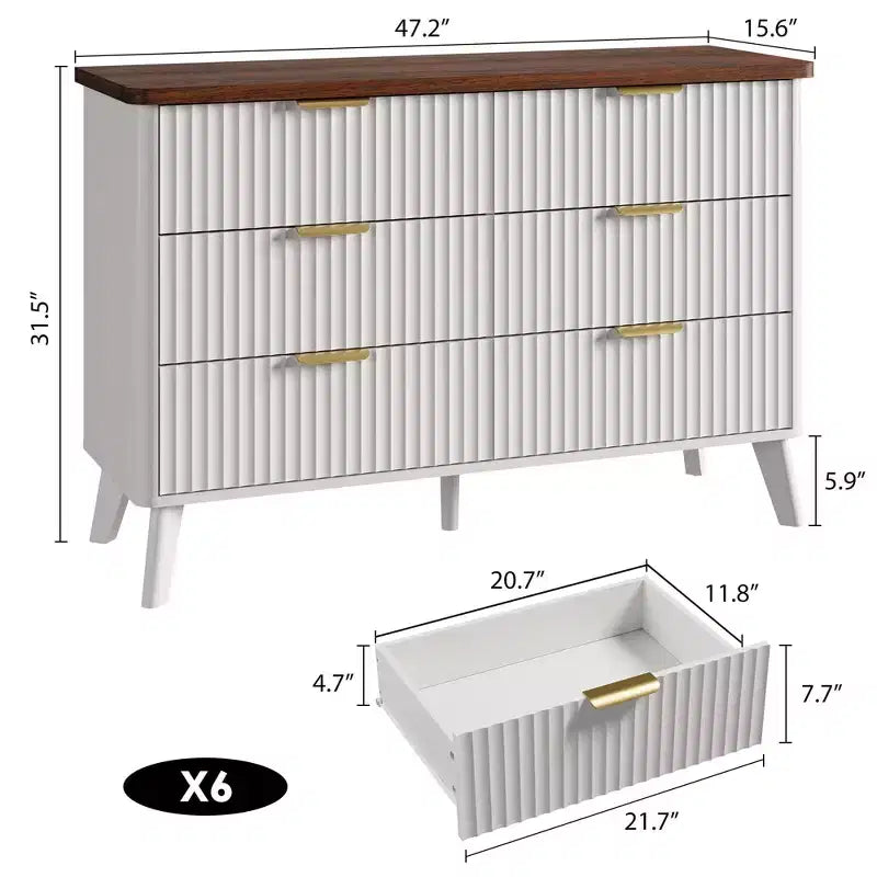 Commode Moderne Cannelée avec 6 Tiroirs Profonds, Commode en Bois de 120 cm de Large, Design Courbe, Meuble TV Multi-Fonctionnel ou Rangement de Chambre à Coucher pour le Salon