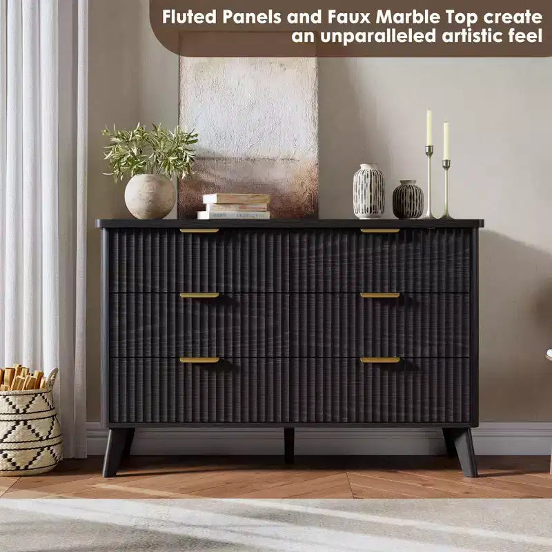 Commode Moderne Cannelée avec 6 Tiroirs Profonds, Commode en Bois de 120 cm de Large, Design Courbe, Meuble TV Multi-Fonctionnel ou Rangement de Chambre à Coucher pour le Salon