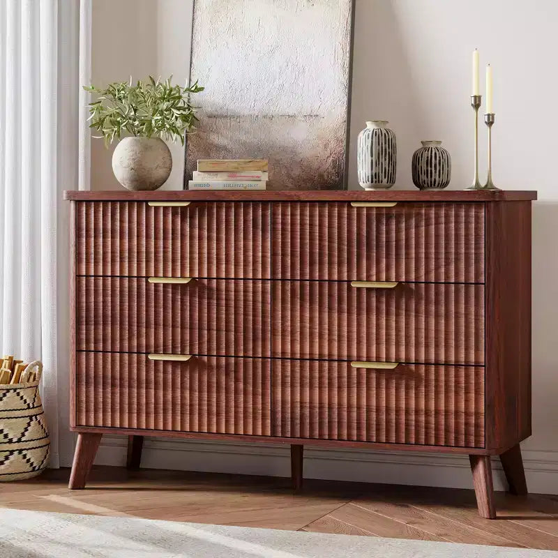 Commode Moderne Cannelée avec 6 Tiroirs Profonds, Commode en Bois de 120 cm de Large, Design Courbe, Meuble TV Multi-Fonctionnel ou Rangement de Chambre à Coucher pour le Salon