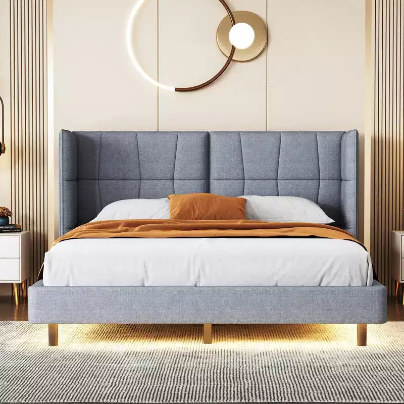 Lit plateforme capitonné LED Queen avec tête de lit en forme de U, cadre de lit en lin avec lumières LED
