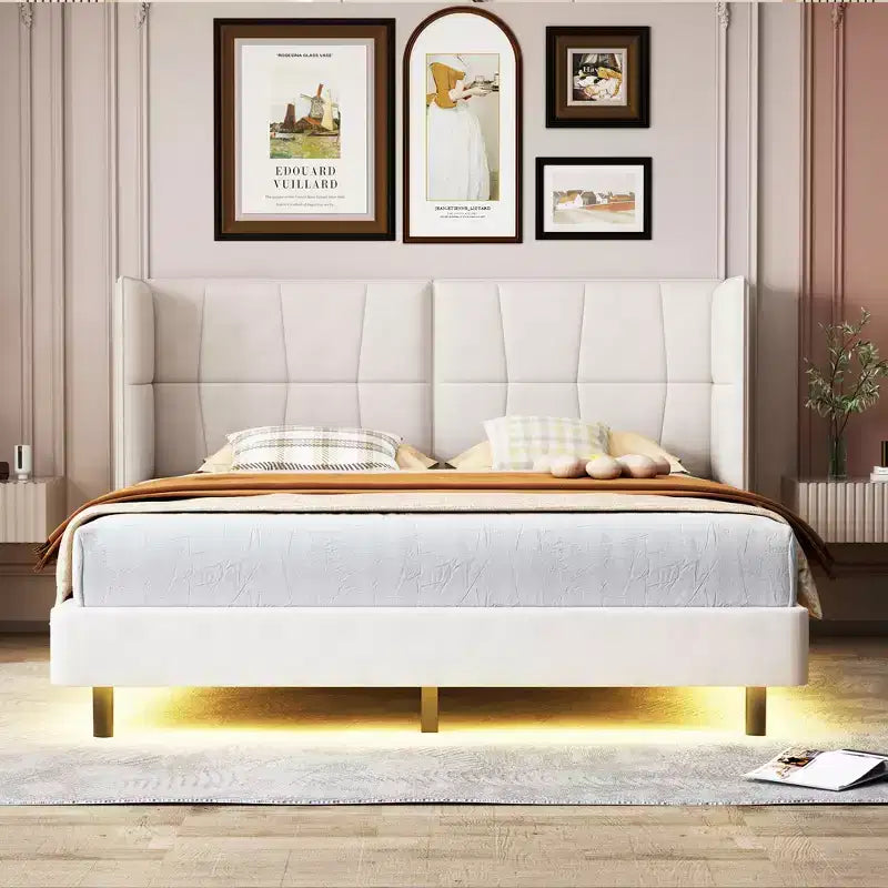 Lit plateforme capitonné LED Queen avec tête de lit en forme de U, cadre de lit en lin avec lumières LED