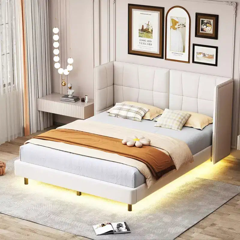 LED Queen Upholstered Platform Bed with U Shaped Headboard, Linen Bed Frame with LED Lights
