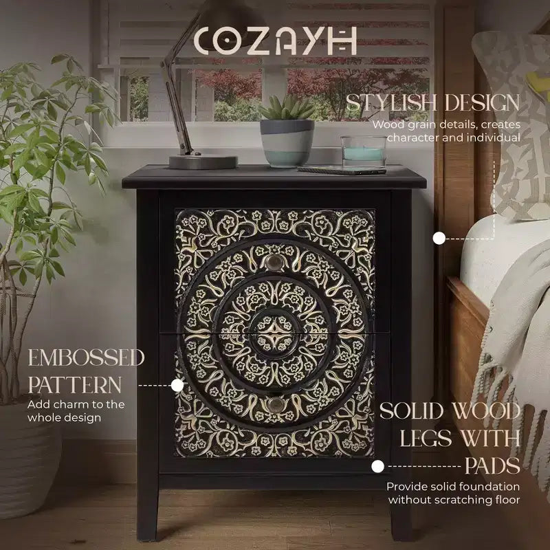 Table de chevet COZAYH de style campagnard avec 2 tiroirs et motif floral en relief, lot de 2