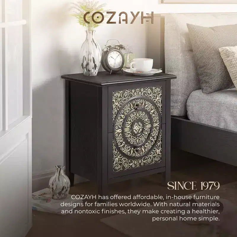 Table de chevet COZAYH de style campagnard avec 2 tiroirs et motif floral en relief, lot de 2