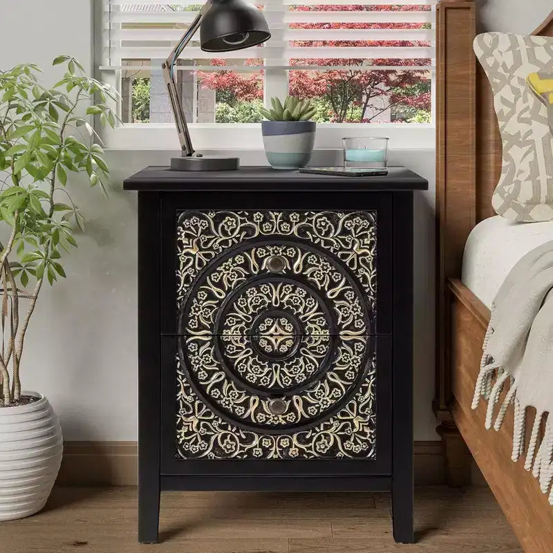 Table de chevet COZAYH de style campagnard avec 2 tiroirs et motif floral en relief, lot de 2