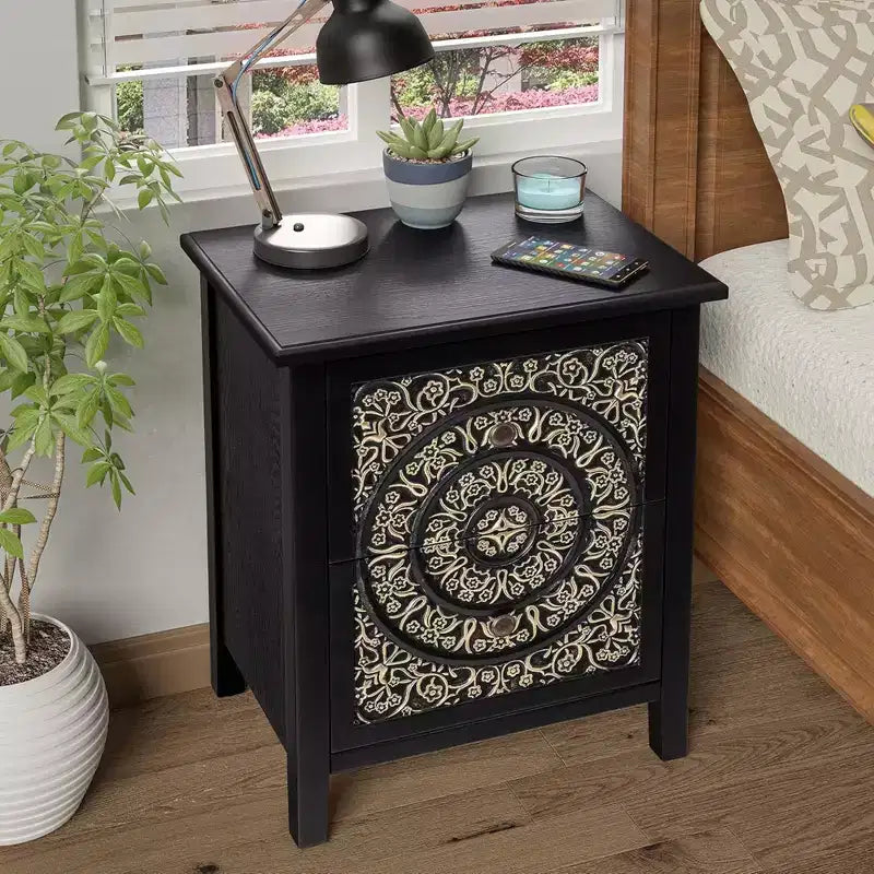 Table de chevet COZAYH de style campagnard avec 2 tiroirs et motif floral en relief, lot de 2