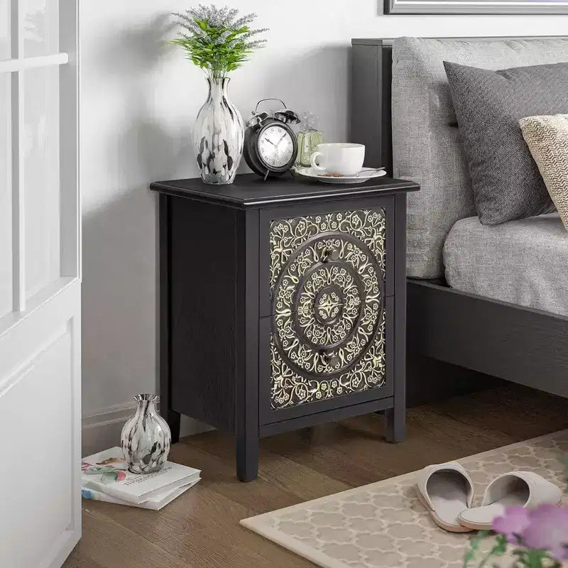 Table de chevet COZAYH de style campagnard avec 2 tiroirs et motif floral en relief, lot de 2