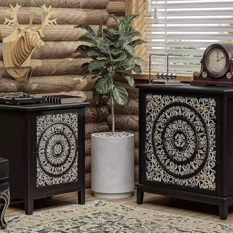 Table de chevet COZAYH de style campagnard avec 2 tiroirs et motif floral en relief, lot de 2