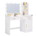 Wooden bedroom vanity with mirror and light, featuring 3 drawers and 4 compartments, charging station, and open shelving