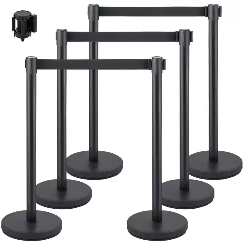 VEVOR Crowd Control Stanchion, Set of 6 Pieces Stanchion Set, Stanchion Set with 6.6 ft/2 m Black Retractable Belt, Black Crowd Control Barrier,Black